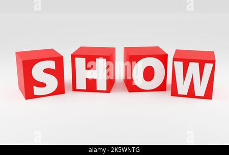 Red cubes inscription show on grey podium, soft light, front view smooth background, 3d rendering Stock Photo