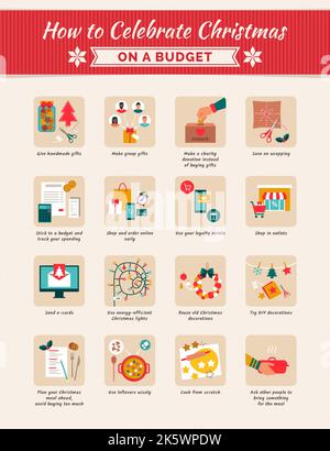 How to celebrate Christmas on a budget: save money on gifts, Christmas shopping, decorations and Christmas dinner Stock Vector