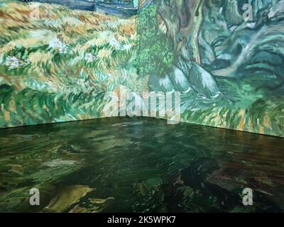 A green abstract illuminated pattern in a room corner Stock Photo