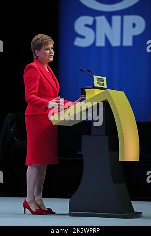 First Minister Nicola Sturgeon delivers her keynote speech during the SNP conference at The Event Complex Aberdeen (TECA) in Aberdeen, Scotland. Picture date: Monday October 10, 2022. Stock Photo