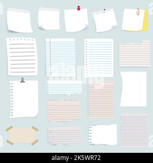 Blank reminder paper notes set, collection of various note papers. Stock Vector