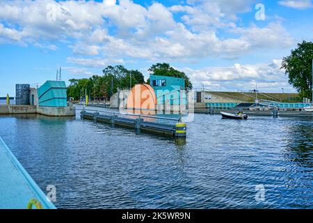 The Greifswald Wieck barrage, a storm surge protection facility, Hanseatic Town of Greifswald, Mecklenburg-Western Pomerania, Germany. Stock Photo