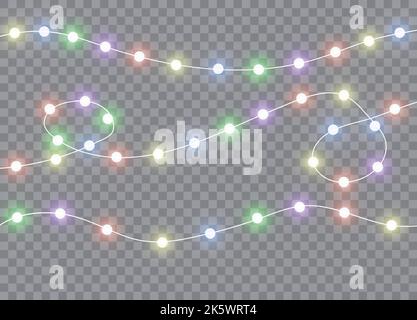 Christmas lights isolated realistic design elements. Glowing lights for Xmas Holiday cards, banners, posters, web design. Garlands decorations. Vector Stock Vector