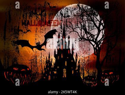 Halloween party, Mystic vector illustration, dark orange background on a spooky full moon with silhouettes of characters and scary bats with gothic Stock Vector