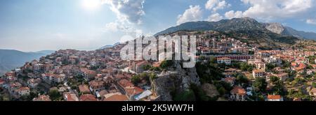 Greece, Arachova village in Boeotia aerial panoramic view. Traditional mountain town, tourist resort famous for outdoor activities, Stock Photo