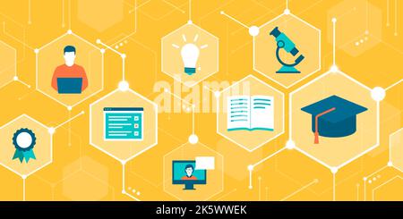 E-learning platform, digital education and online courses, abstract background with icons in a network Stock Vector