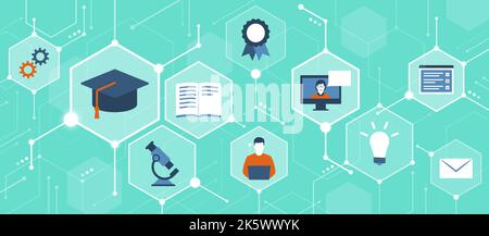 E-learning platform, digital education and online courses, abstract background with icons in a network Stock Vector