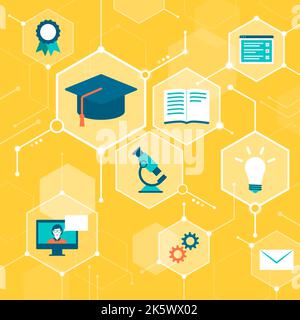 E-learning platform, digital education and online courses, abstract background with icons in a network Stock Vector
