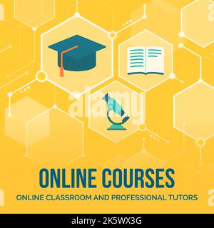 E-learning platform, digital education and online courses, abstract background with icons in a network, copy space Stock Vector