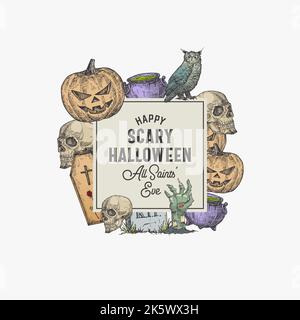Vintage Style Halloween Square Frame Label Template. Hand Drawn Sculls, Evil Pumpkins, Owl, Tomb and Zombie Hand Sketch Illustrations with Retro Stock Vector