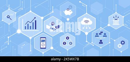 Digital finance, online banking and innovative business, abstract background with icons in a network Stock Vector
