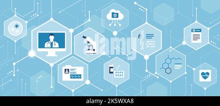 Digital health, online doctor and innovative medical services, conceptual abstract background with icons in a network Stock Vector