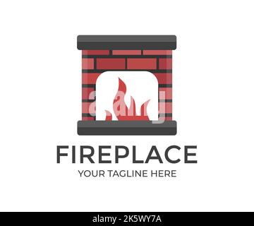 A brick fireplace in which a fire burns logo design. Furnace made of stone and redbrick, vector design and illustration. Stock Vector