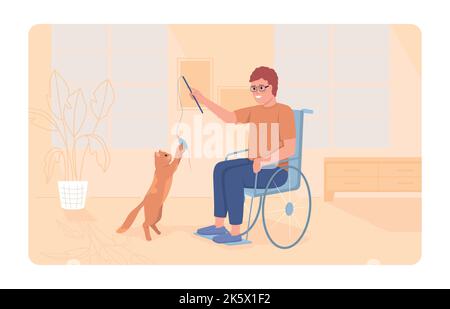 Disabled person playing with cat 2D vector isolated illustration Stock Vector