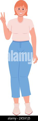 Lady showing peace gesture semi flat color vector character Stock Vector