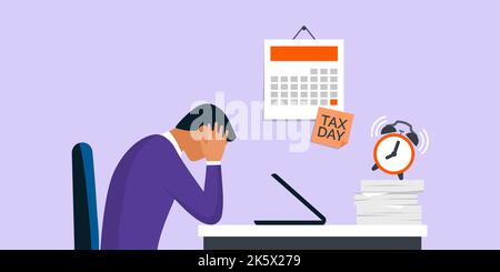 Desperate businessman sitting at office desk with head in hands and tad day reminder, crisis and payments concept Stock Vector