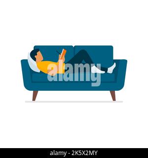 Creative man lying on the couch at home, he is reading and writing on a notebook, isolated on white background Stock Vector