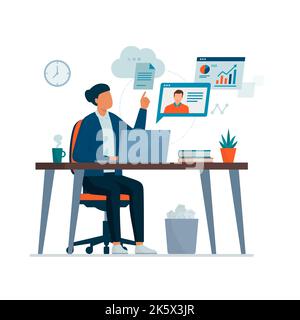 Businesswoman sitting at desk and working with her laptop, she is sharing files online and videocalling his colleague, remote work concept, isolated o Stock Vector
