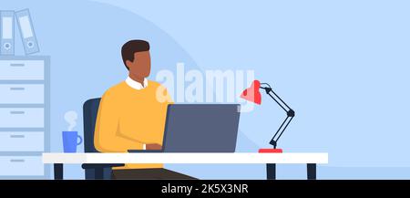 Professional businessman sitting at desk in his office and working with a laptop, business and entrepreneurship concept, blank copy space Stock Vector