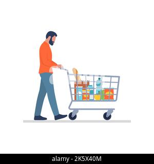 Man doing grocery shopping at the supermarket: he is pushing a full shopping cart, isolated on white background Stock Vector