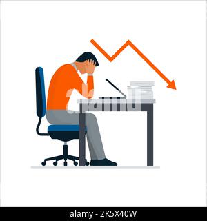 Desperate businessman sitting at desk with head in hand and arrow showing a negative trend, business crisis concept Stock Vector