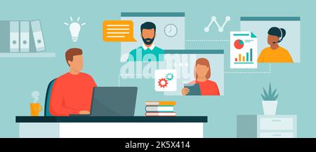 Professional business team having a video call together, online meeting and communication concept Stock Vector