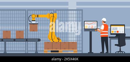 Smart industry: engineer monitoring and controlling a robotic arm using a touch screen device, HMI and automation concept Stock Vector