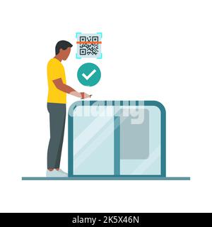 QR codes and access control: man scanning a QR code on his smartphone at the entrance Stock Vector