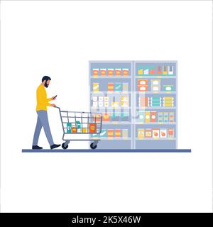 Man doing grocery shopping at the supermarket: he is holding a smartphone and pushing a shopping cart, isolated on white background Stock Vector
