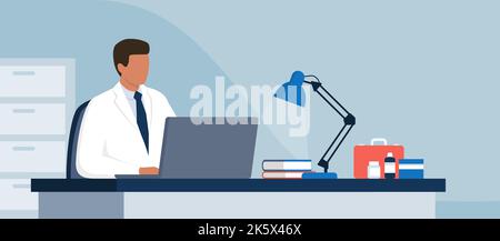 Doctor sitting at desk and working with a laptop, online doctor and telemedicine concept, blank copy space Stock Vector