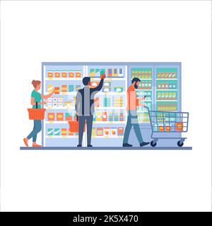 People doing grocery shopping at the supermarket, isolated on white background Stock Vector