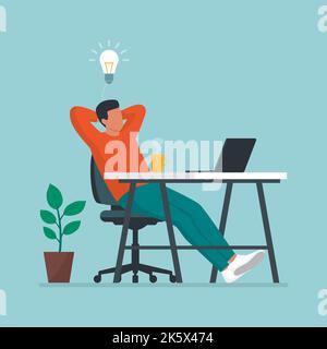 Creative man sitting at desk and taking a break, he is relaxing with hands behind head and having a good idea Stock Vector
