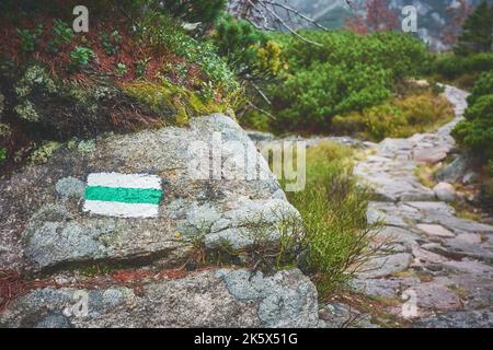 Trail marking painted on a rock in Giant Mountains on a foggy autumn day, color toning applied, selective focus, Poland. Stock Photo