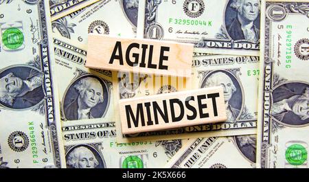 Agile mindset symbol. Concept words Agile mindset on wooden blocks. Beautiful background from dollar bills. Business flexible and agile mindset concep Stock Photo