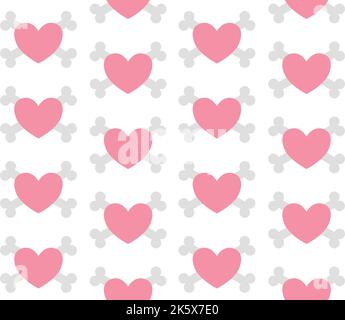 Vector seamless pattern of flat heart with crossed bones isolated on white background Stock Vector