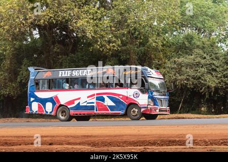 A bus driving along Ngong road near the junction with Oloolua Close. Ngong Road, Nairobi, Kenya.  4 Sep 2022 Stock Photo