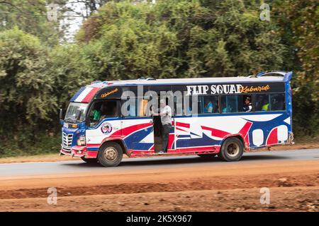 A bus driving along Ngong road near the junction with Oloolua Close. Ngong Road, Nairobi, Kenya.  4 Sep 2022 Stock Photo