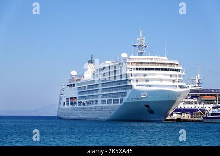 The Silversea line Silver spirit cruise ship moored up in Mandraki Marina during a visit to Rhodes City, Rhodes, Greece Stock Photo