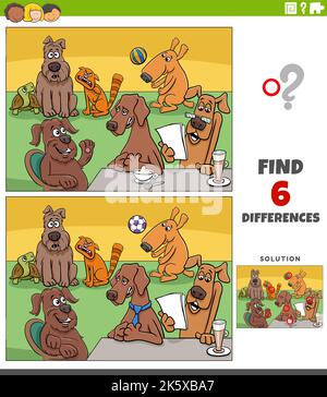 Cartoon illustration of finding the differences between pictures educational activity with comic dogs animal characters group Stock Vector