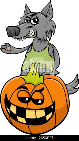 Cartoon illustration of spooky werewolf character with Halloween pumpkin Stock Vector