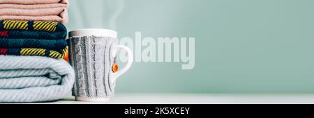 Stack of woolen checked blankets Stock Photo