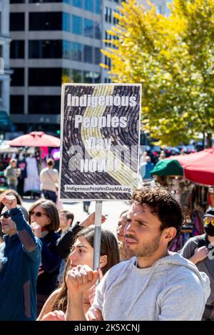 October 8, 2022. Boston, MA. Marchers took to the streets in Boston to demand that state lawmakers pass legislation that would formally establish Indi Stock Photo