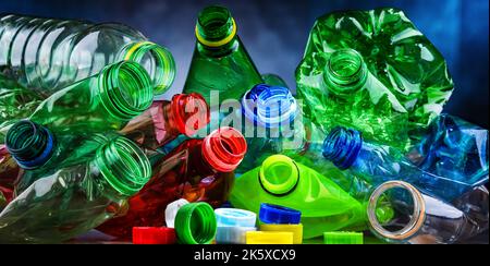 Empty colored drink bottles. Recyclable plastic waste. Stock Photo