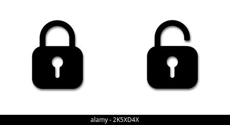 Black lock icons. Open and closed padlock icon. Black symbols lock and unlock on a white background with a shadow. For web site or mobile app. Vector Stock Vector