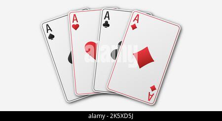 Fan of four cards ace of different suits. Hearts, spades, diamonds, clubs. Realistic playing cards. Vector illustration isolated on white background. Stock Vector