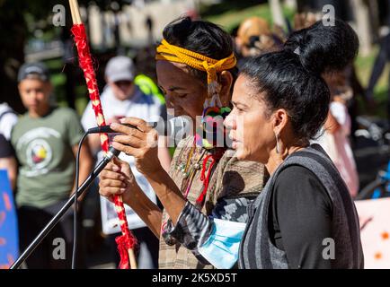 October 8, 2022. Boston, MA. Marchers took to the streets in Boston to demand that state lawmakers pass legislation that would formally establish Indi Stock Photo