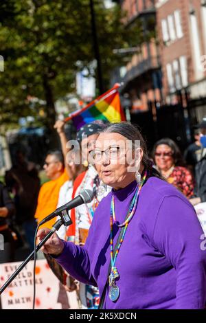 October 8, 2022. Boston, MA. Marchers took to the streets in Boston to demand that state lawmakers pass legislation that would formally establish Indi Stock Photo