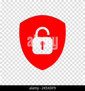 Red shield icon unlock padlock. Vector illustration with symbol on a transparent background. Stock Vector