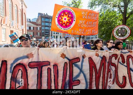 October 8, 2022. Boston, MA. Marchers took to the streets in Boston to demand that state lawmakers pass legislation that would formally establish Indi Stock Photo