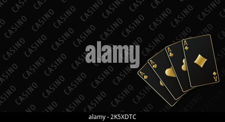 Fan of four black and gold card aces of different suits. Hearts, spades, diamonds, clubs. Realistic cards for playing poker or casino. Vector illustra Stock Vector